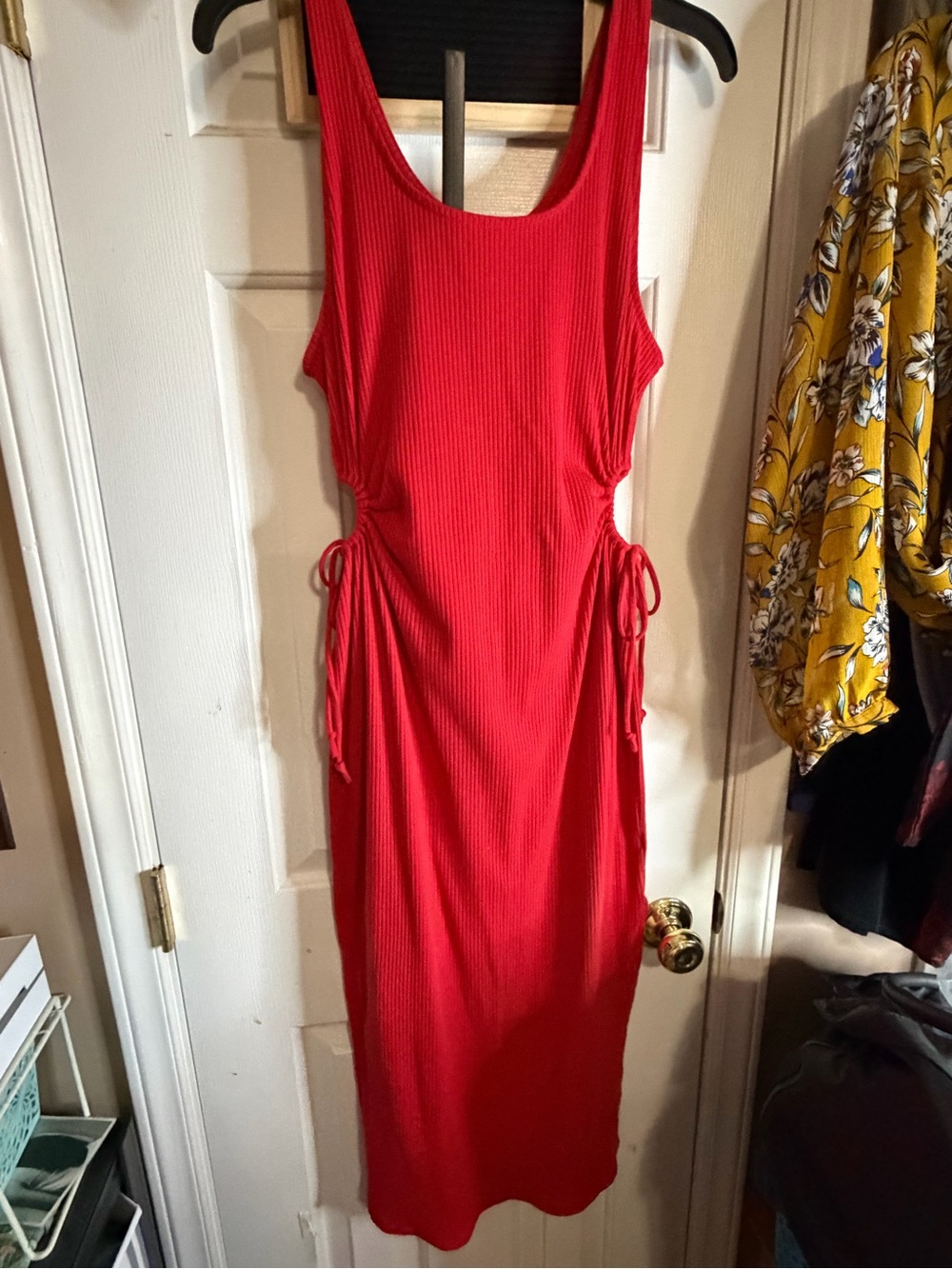 Sculpting Red Ribbed Midi Dress with Side Tie Details
